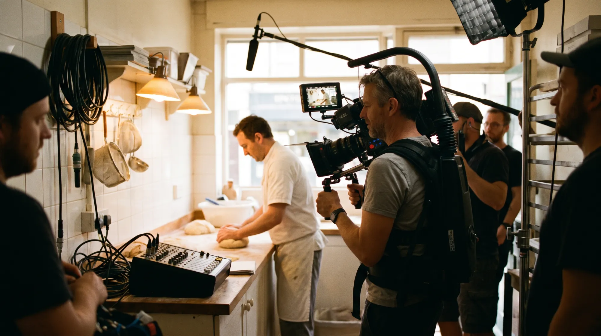 Behind the scenes of a video shoot inside a small bakery — filming the owner at work for a YouTube ad campaign
