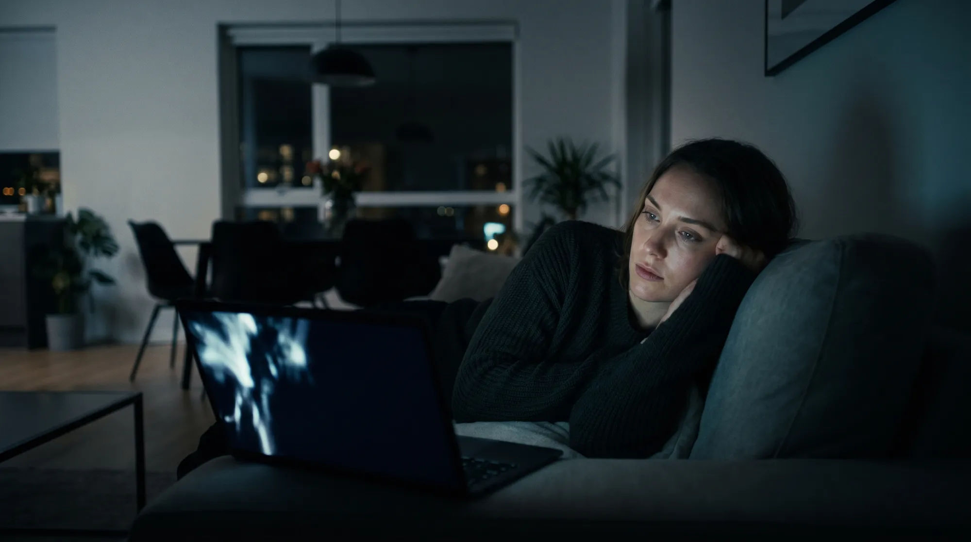A viewer watching a video on a laptop at home in the evening