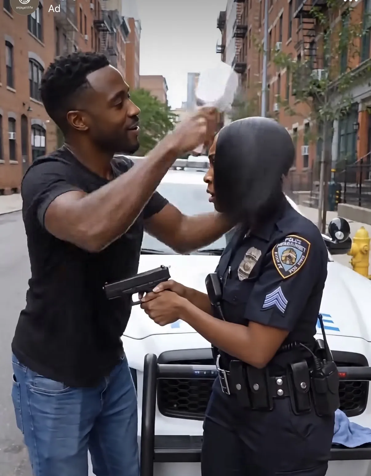 A bizarre, incoherent AI-generated ad: a man holding a wig while pointing a handgun at a uniformed police officer on a city street.