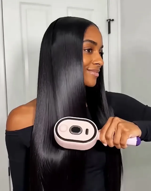 A frame from the ad showing impossibly glassy, pin-straight hair — the "after" the real product can't produce.