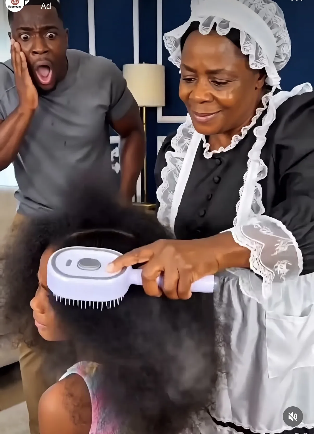 An AI-generated ad skit: a costumed "maid" brushing a child's frizzy hair with fake steam while a man reacts in shock, with a "Shop Now" button.