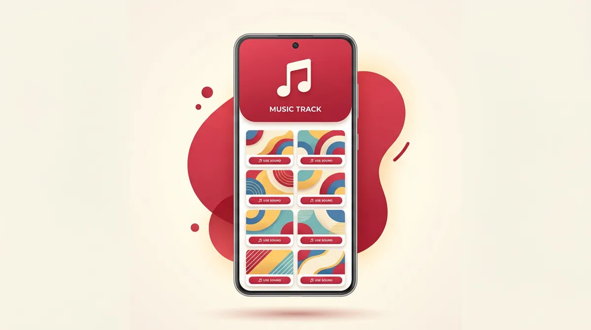 Illustration of a phone showing a song's sound page with a grid of videos that use it.