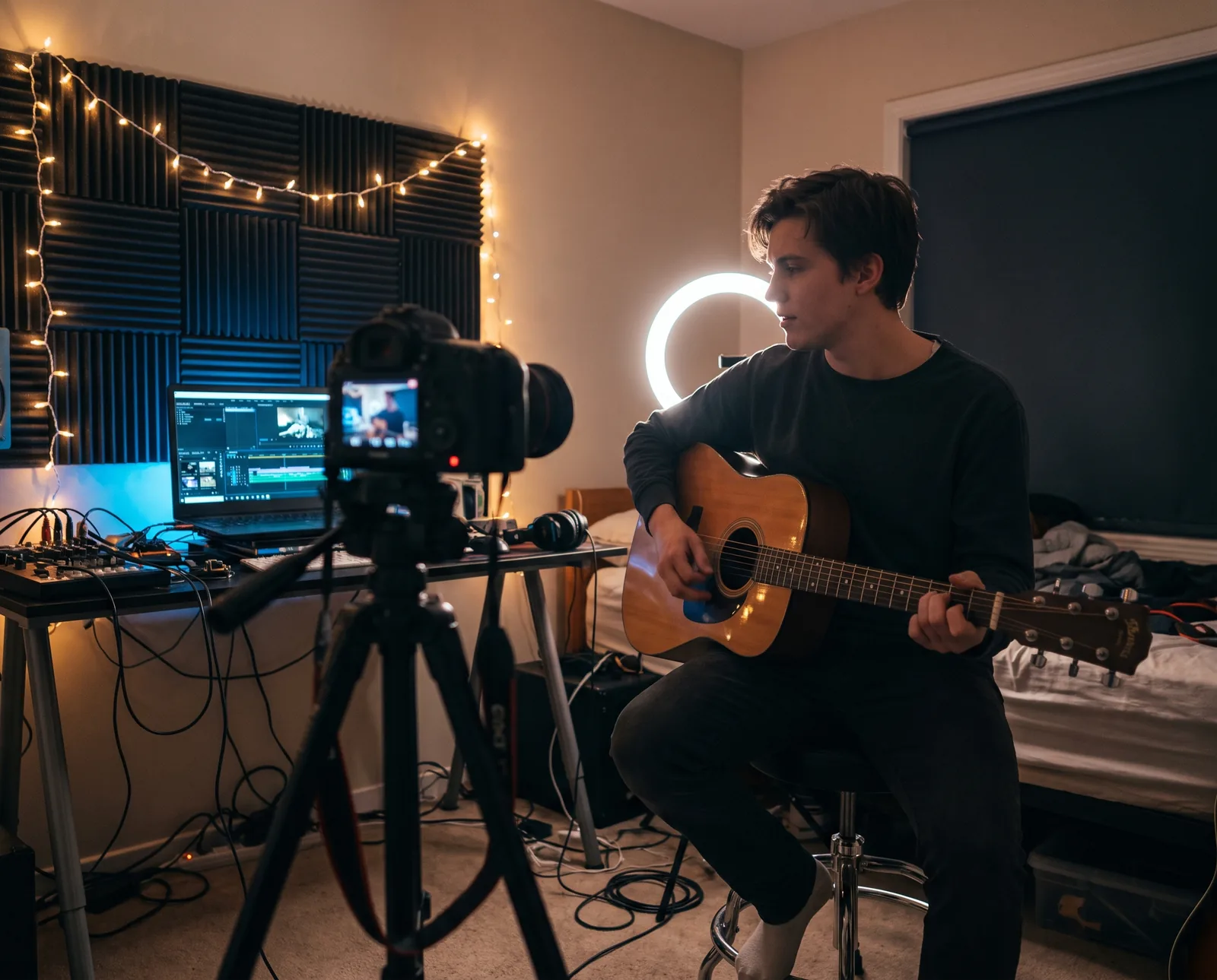 An independent musician recording a video in a bedroom studio